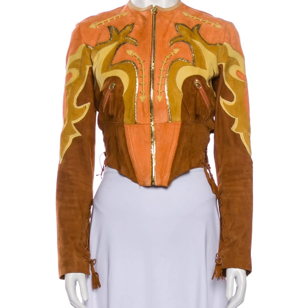 ISO Roberto Cavalli orange suede tan beige fringe western jacket